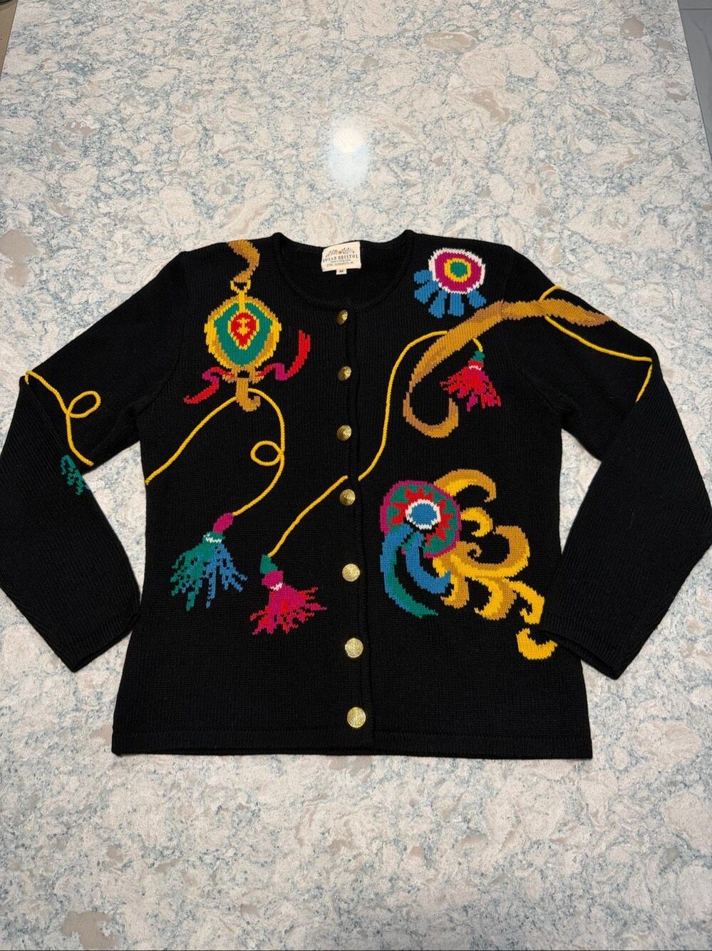 SUSAN BRISTOL Vintage Embroidered Black Wool Blend Cardigan Medium